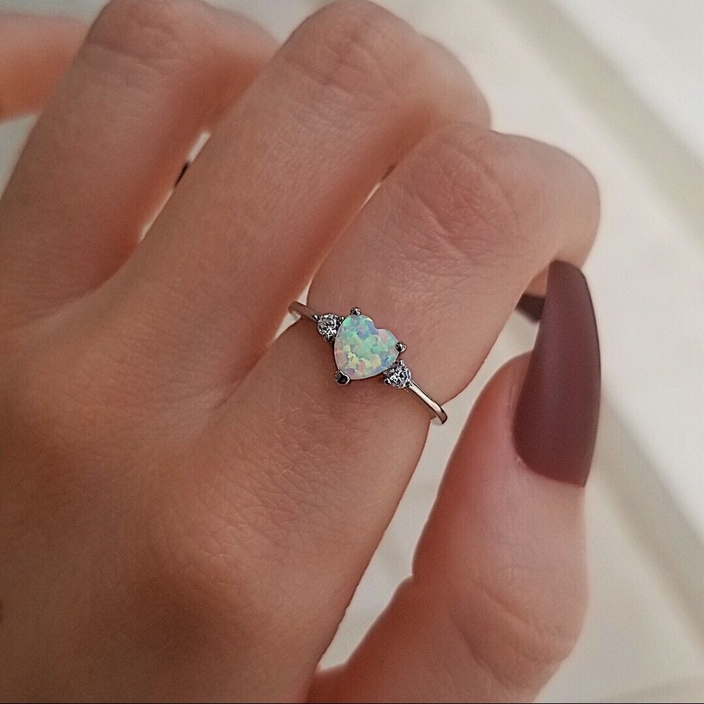 .925 Sterling Silver White Opal Heart Ring